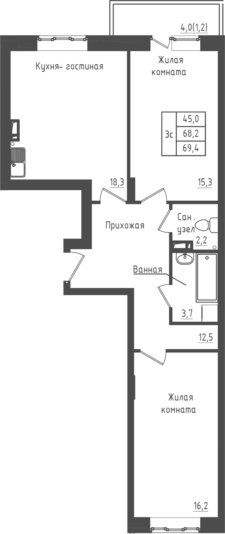 Планировка: 2-комнатная квартира 68,2 м² в ЖК «Зеленый город»