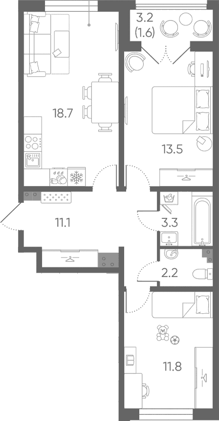 Планировка: Евротрёшка 60,6 м² в ЖК «Пулково Лейк»