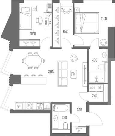 Планировка: 2-комнатная квартира 73,6 м² в ЖК «Северный Порт»