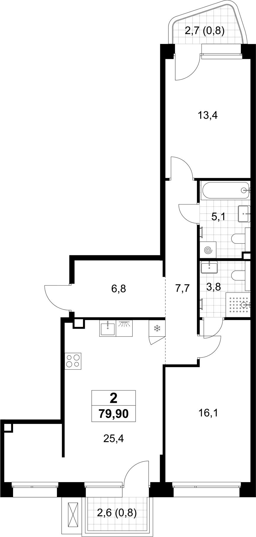 Планировка: Евротрёшка 78,3 м² в ЖК «Хольм»