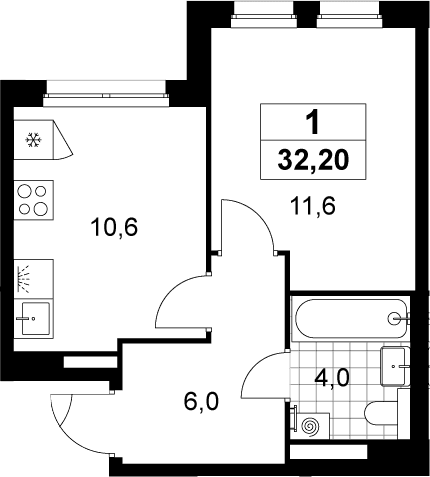 Планировка: 1-комнатная квартира 32,2 м² в ЖК «Деснаречье»