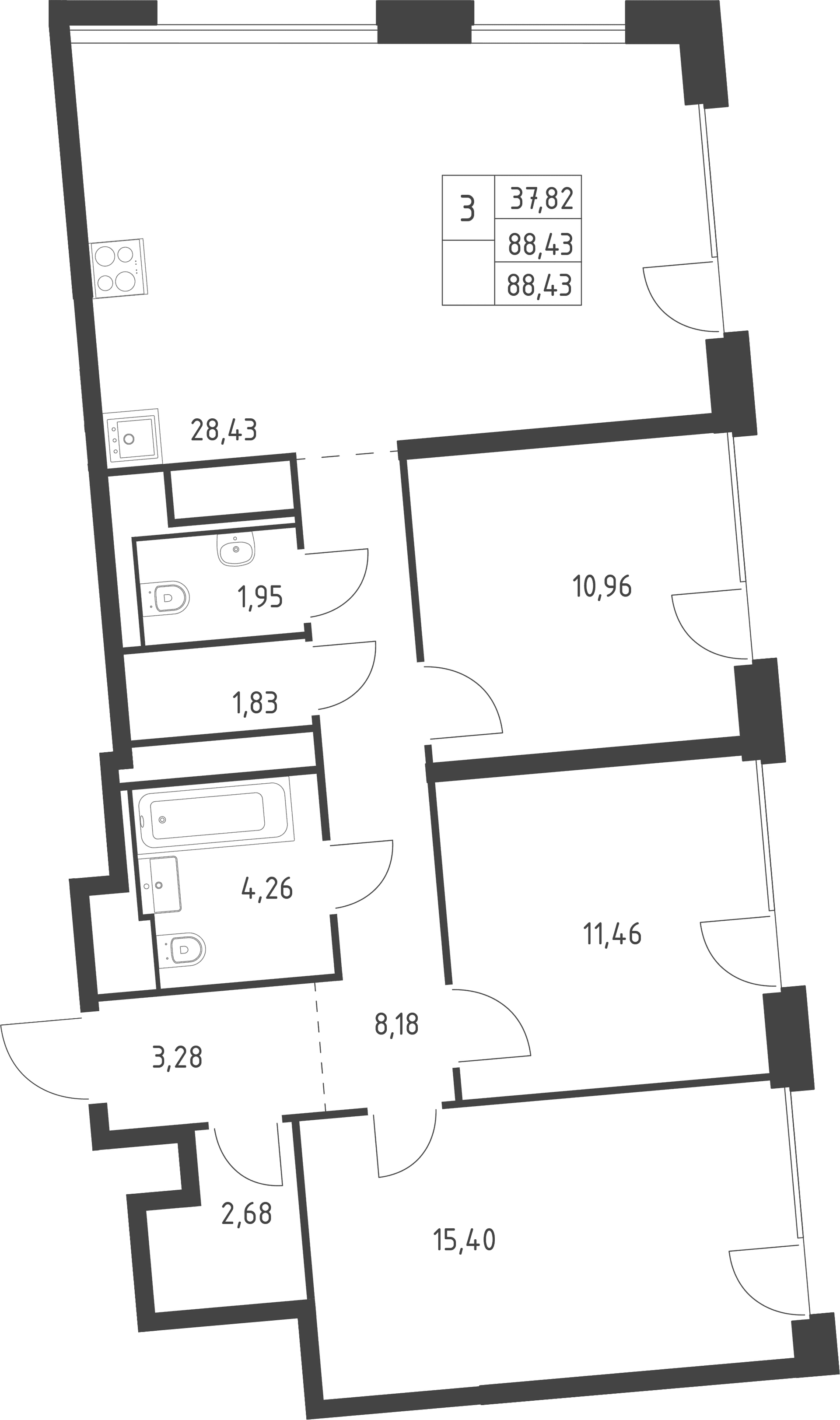 Планировка: Квартира евро-4 88,4 м² в ЖК «Квартал на воде»