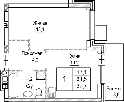 Планировка: 1-комнатная квартира 31,5 м² в ЖК «Лесная Отрада»