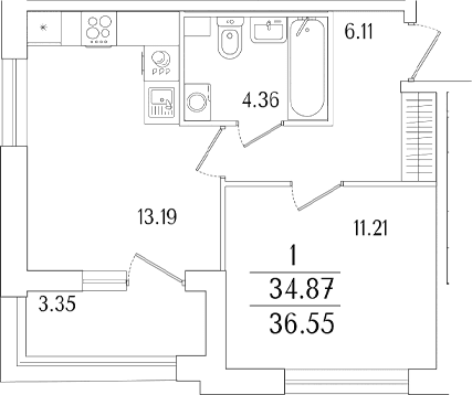 Планировка: Евродвушка 34,9 м² в ЖК «Аурум»