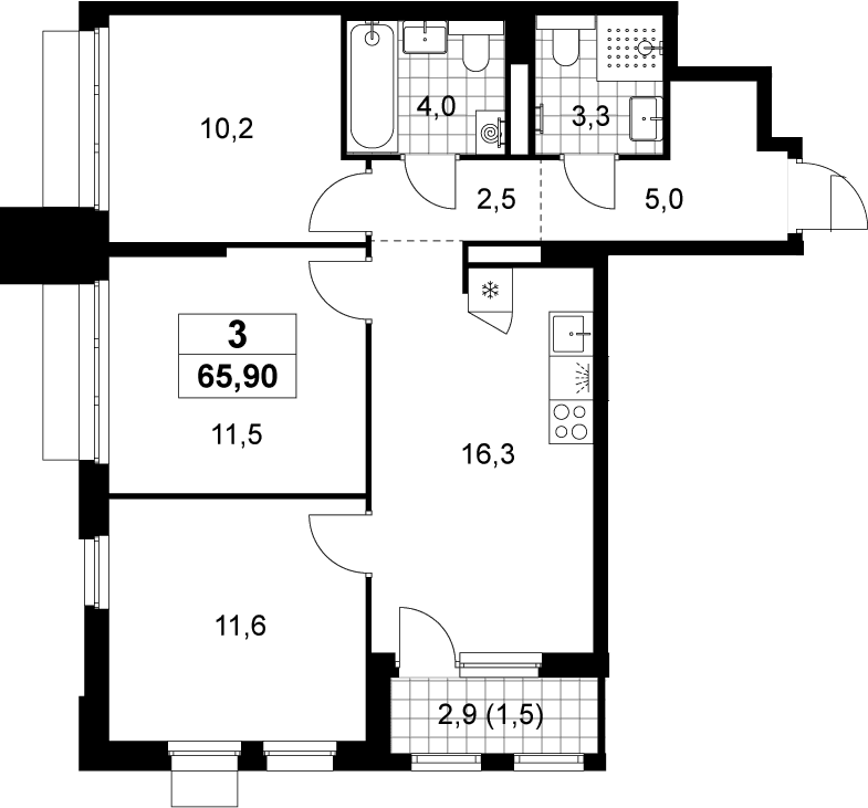 Планировка: 3-комнатная квартира 64,4 м² в ЖК «Деснаречье»