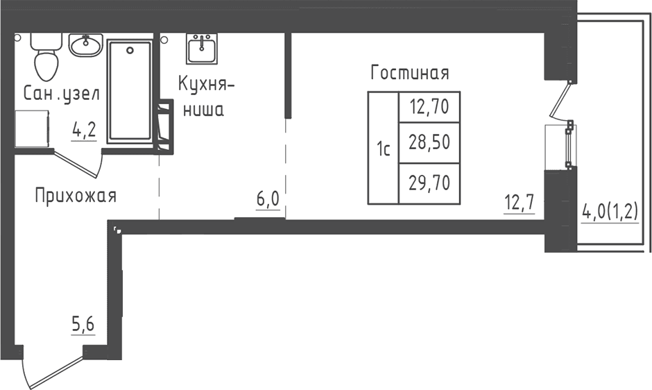 Планировка: Студия 28,5 м² в ЖК «Зеленый город»