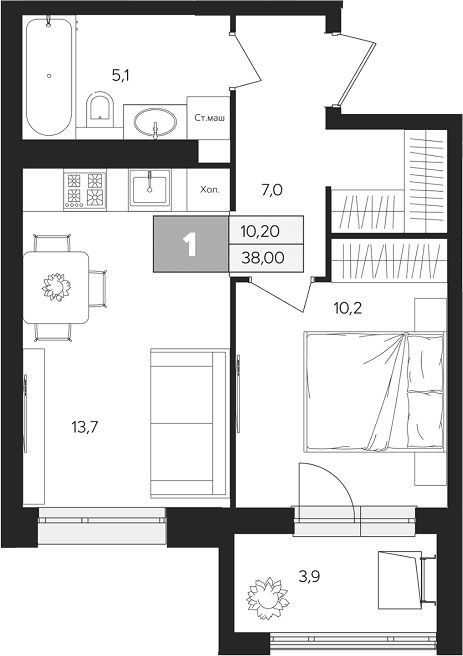 Планировка: 1-комнатная квартира 36,1 м² в ЖК «Ласточкино»