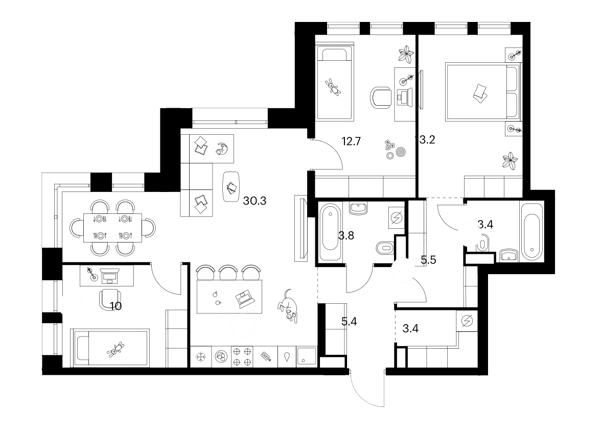 Планировка: 3-комнатная квартира 87,7 м² в ЖК «Строгино 360»