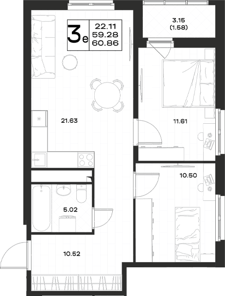 Планировка: Евротрёшка 59,3 м² в ЖК «Имена»