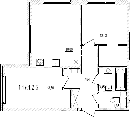 Планировка: Евротрёшка 57,3 м² в ЖК «Новый Ямбург»