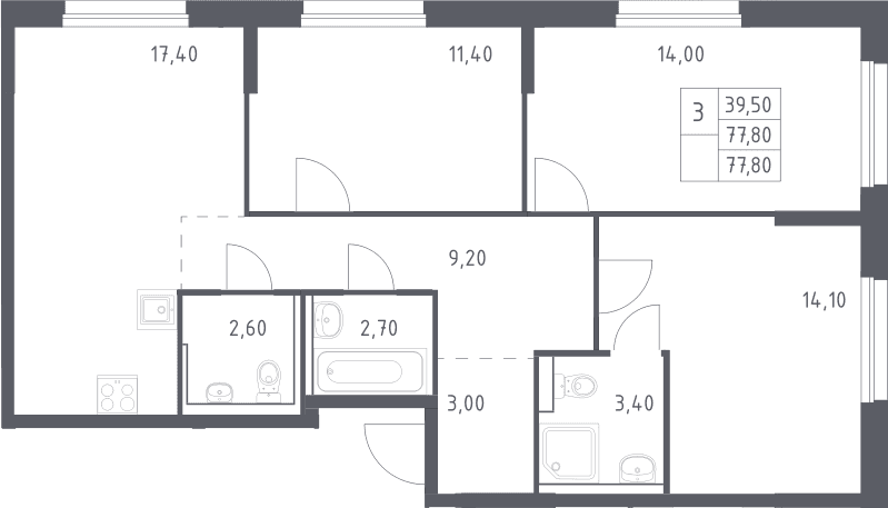 Планировка: Квартира евро-4 77,8 м² в ЖК «Химки Парк»