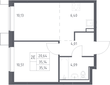 Планировка: Евродвушка 35,1 м² в ЖК «Прибрежный Парк»