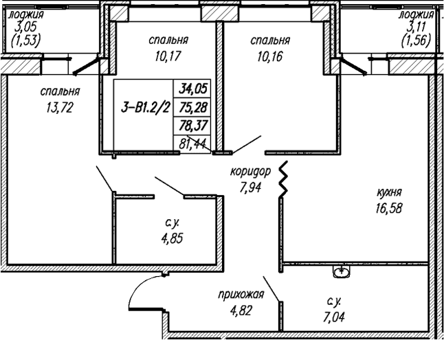 Планировка: Квартира евро-4 75,3 м² в ЖК «Уютный Новоселье»