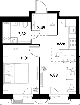 Планировка: Евродвушка 34,5 м² в ЖК «ЭВО»