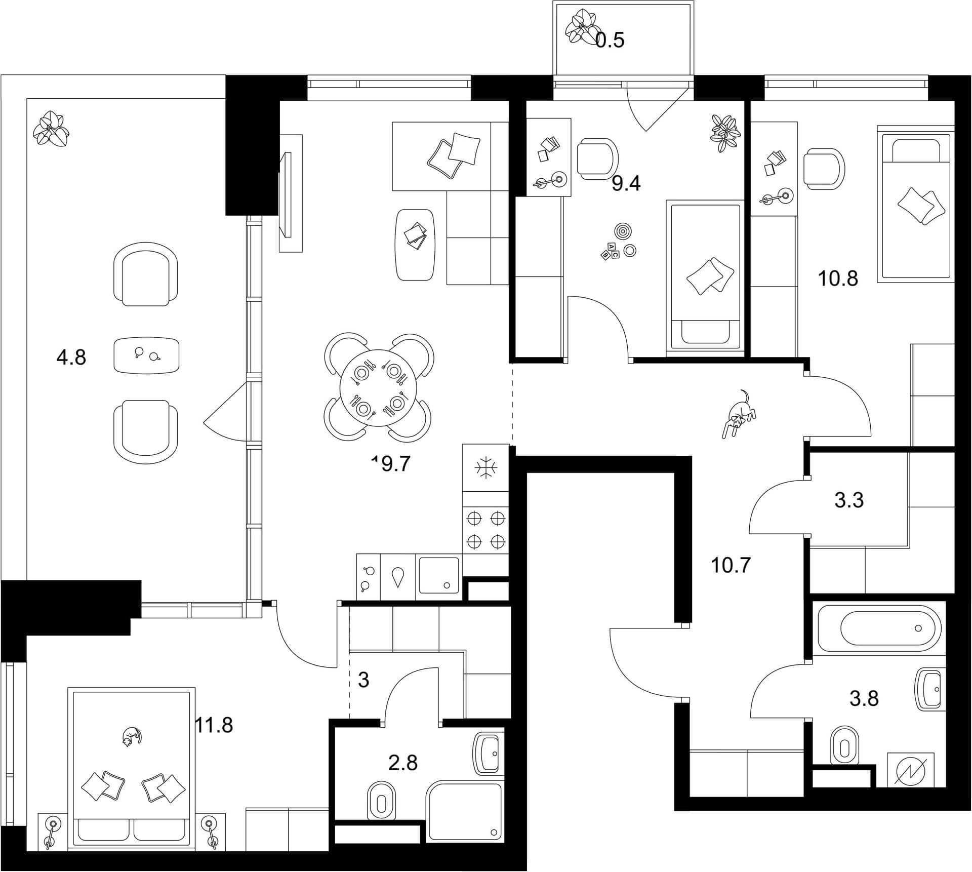 Планировка: 3-комнатная квартира 75,3 м² в ЖК «Бунинская набережная»
