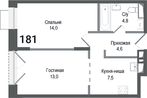 Планировка: Евродвушка 43,9 м² в ЖК «Киноквартал»