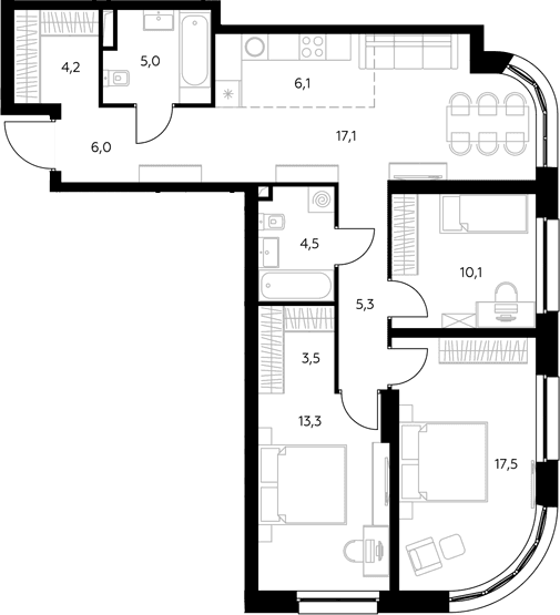 Планировка: Квартира евро-4 92,3 м² в ЖК «Адмирал»