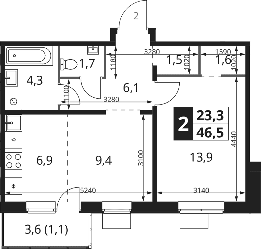 Планировка: Евродвушка 45,4 м² в ЖК «1-й Ясеневский»