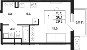 Планировка: Студия 29,8 м² в ЖК «Базаева 11»