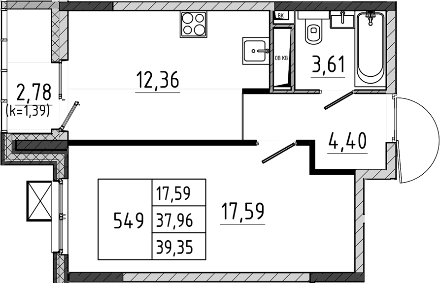 Планировка: 1-комнатная квартира 38 м² в ЖК «Поварово-Молодежный-2»