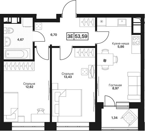Планировка: Евротрёшка 52,3 м² в ЖК «Пушкино Град»