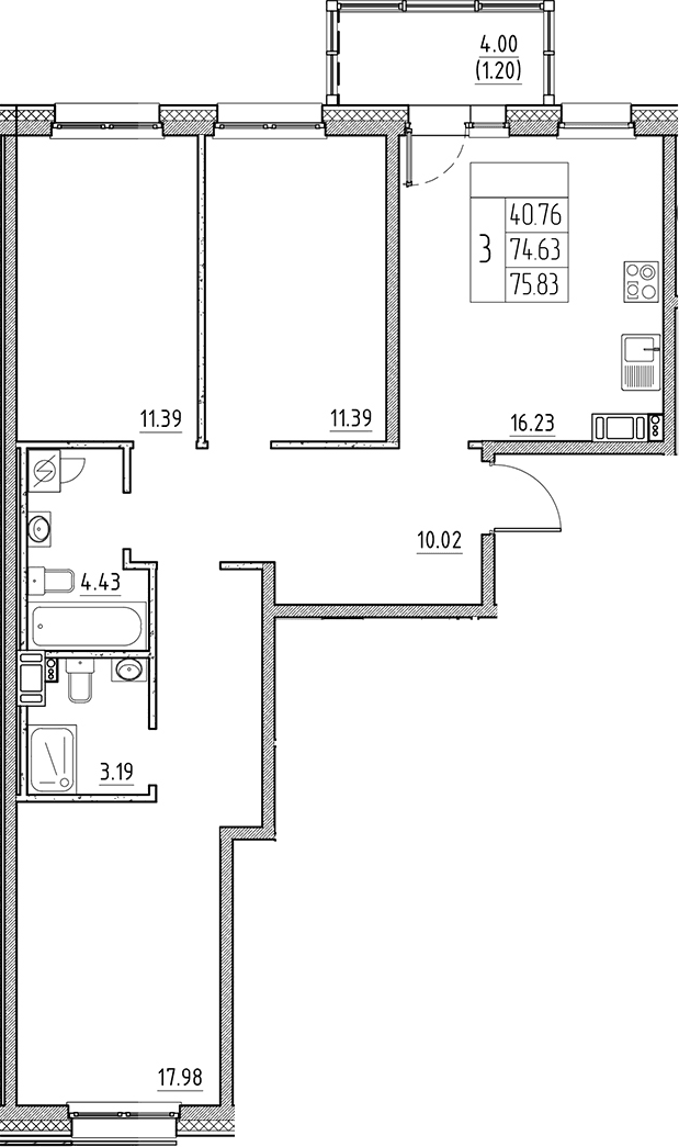 Планировка: Квартира евро-4 74,6 м² в ЖК «Сезоны»