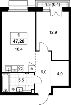 Планировка: Евродвушка 46,8 м² в ЖК «Хольм»