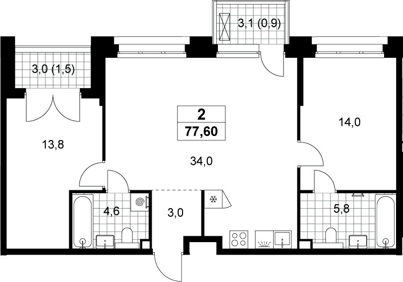 Планировка: Евротрёшка 75,2 м² в ЖК «Хольм»