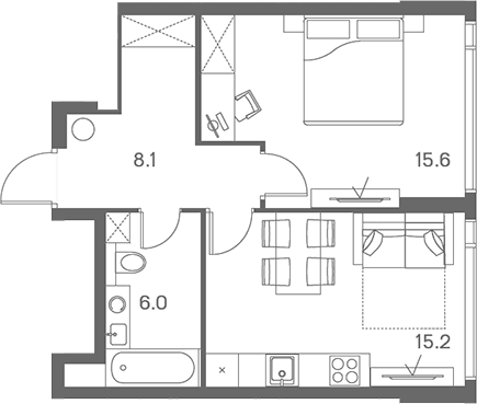 Планировка: 1-комнатная квартира 44,9 м² в ЖК «ЛОТ от Аквилон»