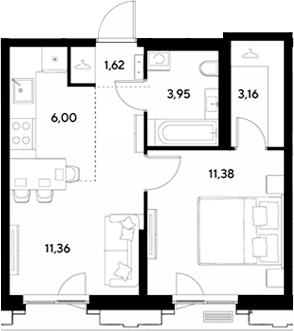 Планировка: Евродвушка 37,5 м² в ЖК «ЭВО»