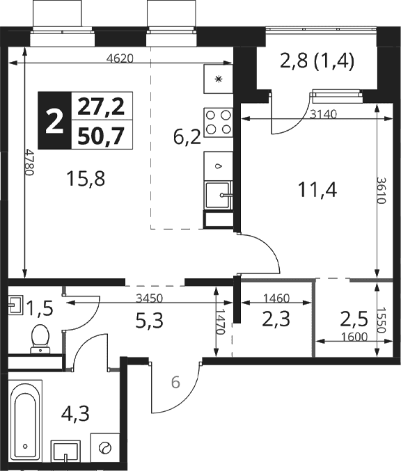Планировка: Евродвушка 49,3 м² в ЖК «1-й Ясеневский»