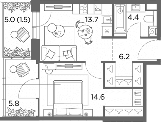 Планировка: 1-комнатная квартира 44,7 м² в ЖК «Станиславский»