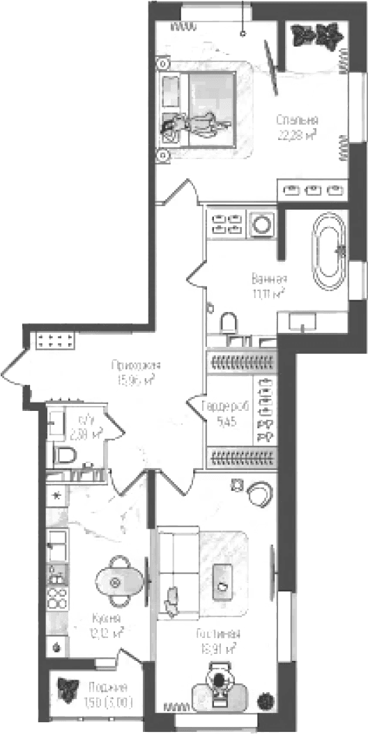 Планировка: 2-комнатная квартира 88,2 м² в ЖК «Рига Хиллс»