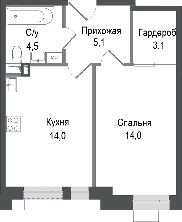 Планировка: 1-комнатная квартира 40,7 м² в ЖК «Киноквартал»