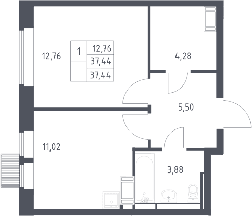Планировка: 1-комнатная квартира 37,4 м² в ЖК «Большое Путилково»