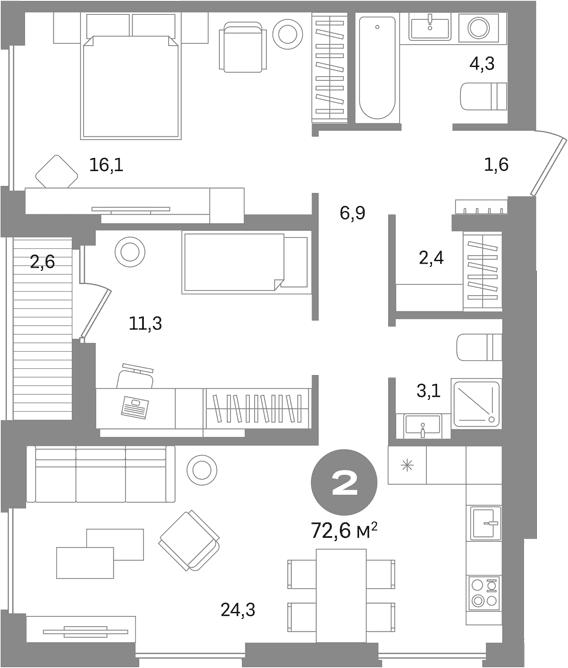 Планировка: 2-комнатная квартира 70 м² в ЖК «Первый квартал. Вторая очередь»