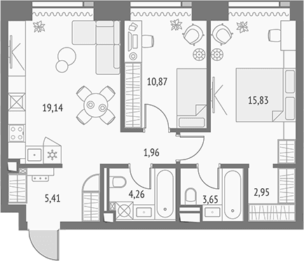 Планировка: Евротрёшка 65,1 м² в ЖК «Апсайд Тауэрс»