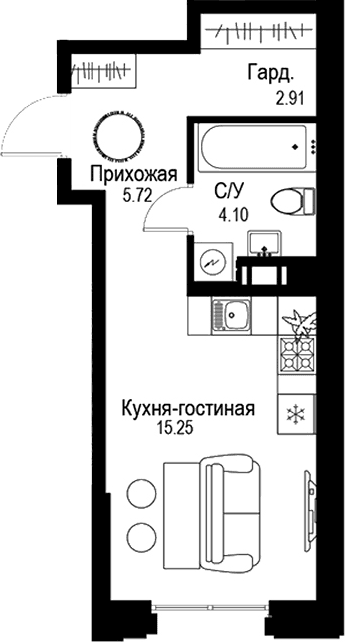 Планировка: Студия 28 м² в ЖК «ID Petrogradskaya»