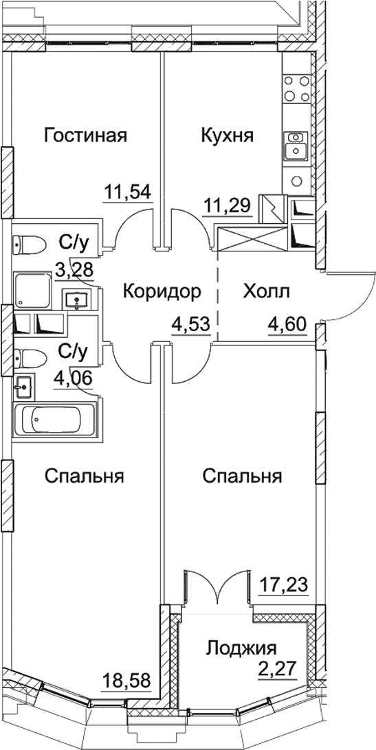 Планировка: 3-комнатная квартира 75,1 м² в ЖК «СЕЗАР СИТИ»