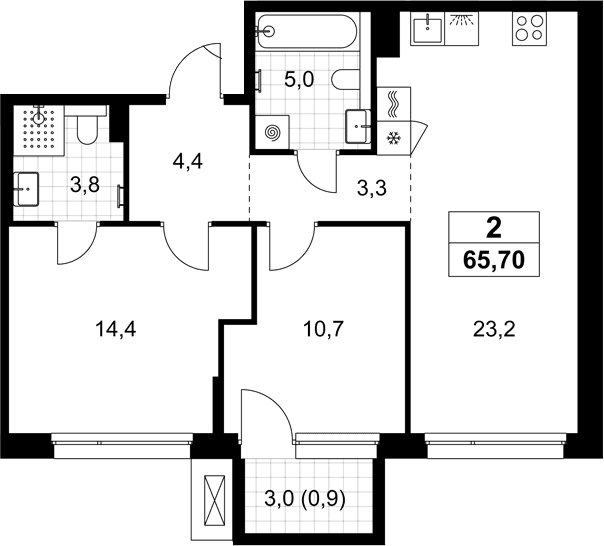 Планировка: Евротрёшка 64,8 м² в ЖК «Хольм»