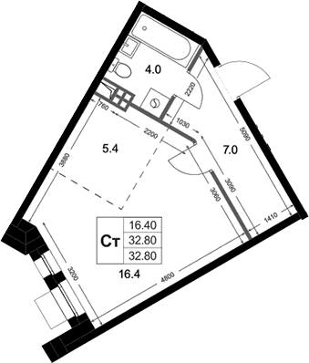 Планировка: Студия 32,8 м² в ЖК «Кореневский Форт 2.3»