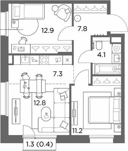 Планировка: Евротрёшка 56,1 м² в ЖК «Станиславский»