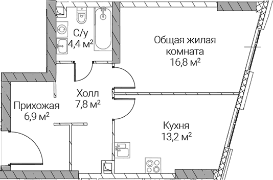 Планировка: 1-комнатная квартира 49,1 м² в ЖК «СЕЗАР СИЛИКА»