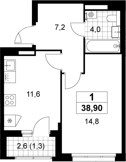 Планировка: 1-комнатная квартира 37,6 м² в ЖК «Деснаречье»