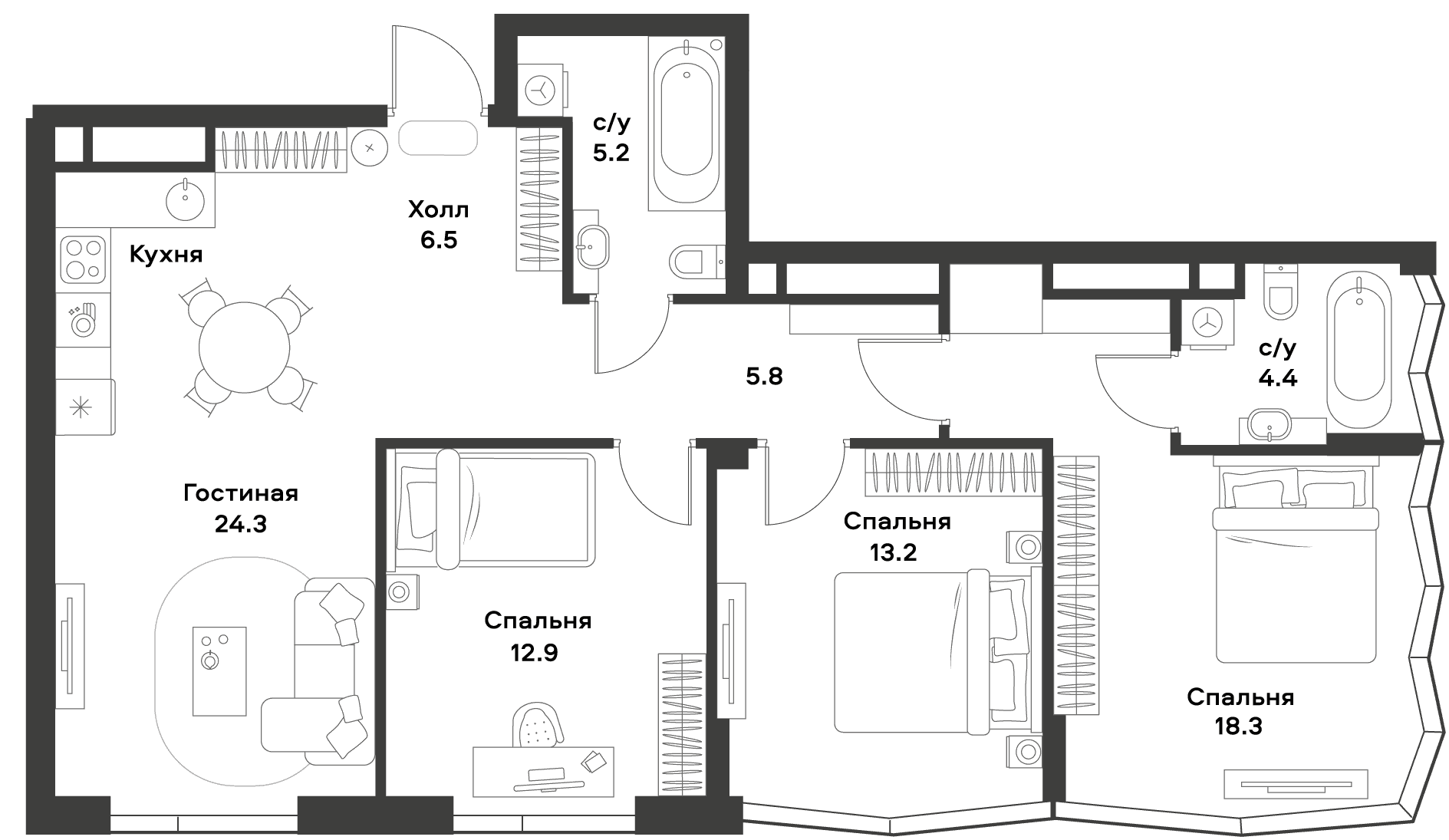 Планировка: Квартира евро-4 90,6 м² в ЖК «АЛИА»