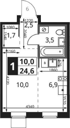 Планировка: Студия 24,6 м² в ЖК «1-й Ясеневский»