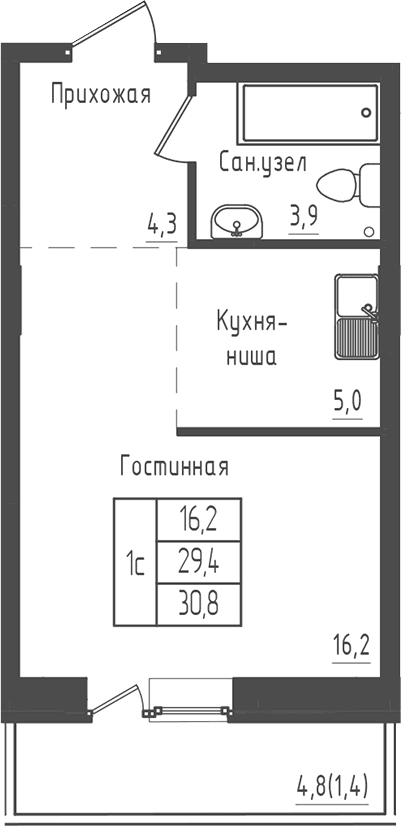 Планировка: Студия 29,4 м² в ЖК «Зеленый город»