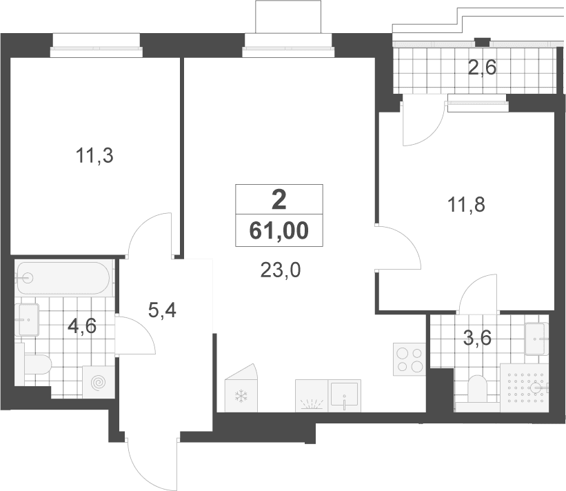 Планировка: Евротрёшка 59,7 м² в ЖК «Деснаречье»