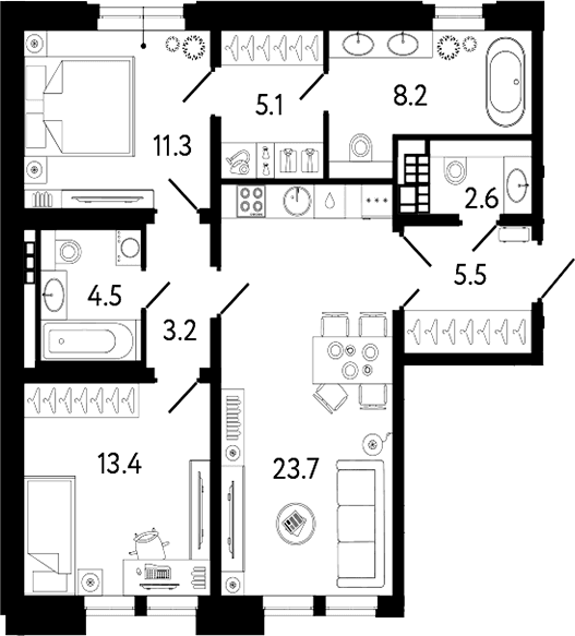 Планировка: Евротрёшка 77,5 м² в ЖК «Коллекционер»