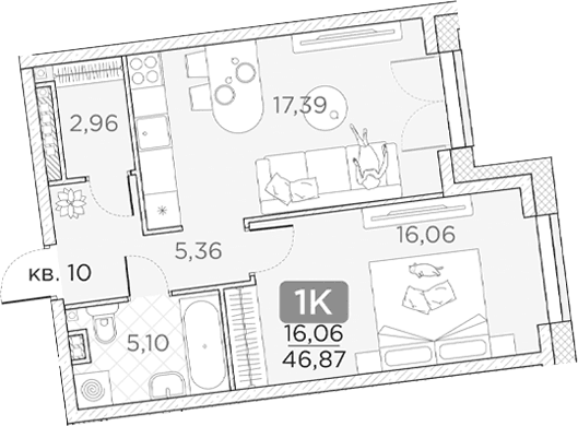 Планировка: 1-комнатная квартира 46,9 м² в ЖК «Гильдия»